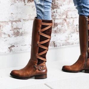 Frye Jordan Strappy Tall chocolate Brown Leather Riding Knee High Boots Size 9.5